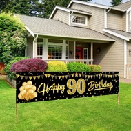 Yoaokiy Happy 90th Birthday Banner Decorations for Women Men, Black Gold 90 Birthday Yard Banner Par