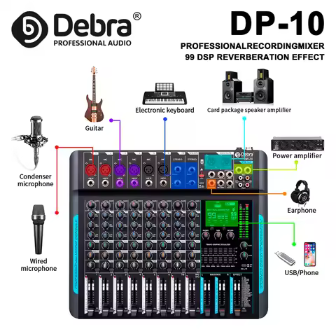 DP-10 Professional Audio Mixer, DJ Controller, 10-Channel 99 DSP Reverb Recording Mixer with Bluetoo
