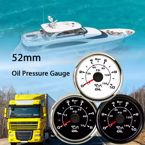 Rhaxel 52mm Oil Pressure Meter 0-5Bar 0-75Psi 0-10bar 0-150Psi with 8 Colors Backlight 12V 24V Unive