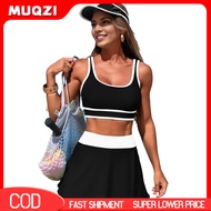 2Pcs/Set Women Tankini Set Low O-Neck Sleeve Tank Tops Tummy Control Side Split Skorts Set Patchwork