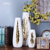 Bosca Living - Viori Gold Pleated Feather Vase/Elegant Luxury Ceramic Flower Vase Set/Living Room Vase Decoration Display/Ceramic Jar Jars/Table Display