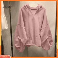 Oneworld| Solid Color Drawstring Pullover Hoodie Autumn Batwing Sleeve V-Neck Women Sweatshirt Stree