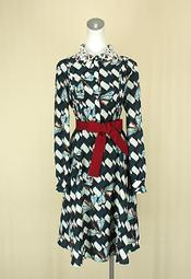 貞新 專櫃 藍綠蜻蜓V領長袖蕾絲棉質洋裝L(38號)(45587)