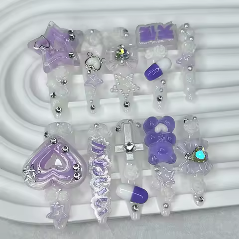 Cute Jirai Kei Purple Extra Long Tip Handmade Press On Nails 3D Star Heart Bow Bear Rose Gyaru Kawai