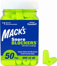 Macks Mack’s Snore Blockers Soft Foam Earplugs 50 Pair – 32 dB High NRR – Comfortable Ear Plugs for