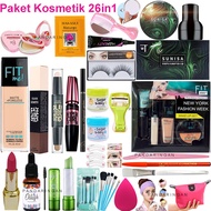 Paket Kosmetik Lengkap Glow Up 26in1 Murah Set Makeup Wajah Sunisa Foundation Concealer Eyeliner Maskara Bedak Lipstik Serum Kuas 5in1 Bandana Alat Cukur Alis Pensil Alis Masker Sisir+Cermin Spons Alat Cetak Alis isi 3 Kuas Segar Baby Gratis Tas Kosmetik