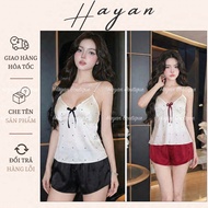 HT135 sexy 2s polka dot pajamas set with PADDING, silk pajamas with mixed colors to flatter your fig