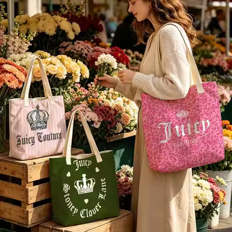 J-Juicy C-C-Couture Storage Bags Linen Blend Cotton Polyester Double-Sided Shoulder Handbag Reusable