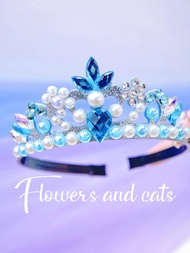 Flowers And Cats Princess Crown Birthday Girl's Hair Accessories Spring Summer Princess Blue Elsa Fr