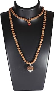 SHIVOHAM 14 Mukhi Guru Mani/Bead (5 Mukhi Rudraksha Mala 108+1 Beads) Silver Cap - Lab Certified