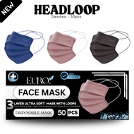 EURO HEADLOOP | 50pcs Face Mask Hijab Mask 95% BFE 3Ply Face Mask Head Loop Headloop Mask Black
