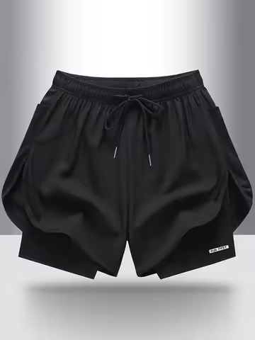 Summer Women's Shorts, Double-Layered Faux Two-Piece Knee-Length Shorts, Polyester Spandex Fabric Kn