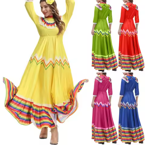 Ladies Bohemian Casual Dress May 5 Mexican Festival Celebration Pleated Swing Long Dress Dance Stage