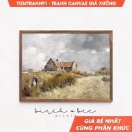 Tranh treo tường Vintage Cottage Muted  Neutral Country Landscape Oil Painting tặng kèm đinh treo tr
