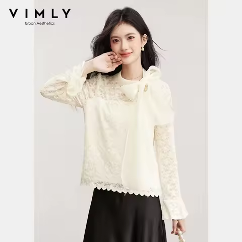 VIMLY Women‘s Bow Tie Lace Blouse 2026 Spring New French Style Elegant Off White Round Neck Casual D