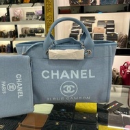 東區正精品㊣ CHANEL 全新香奈兒水藍色帆布沙灘包兩用包手提包肩背包購物袋中款RZ6463