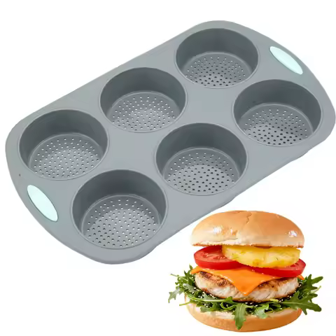 Hamburger Bun Pan, Non-Stick Silicone - Oven-Safe, Vented 6-Cavity Baking Mold, Dishwasher Safe with