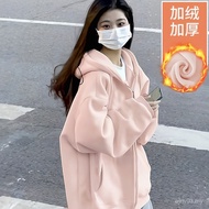 Baju Sweat Wanita Shandong Jimo Musim Gugur Musim Sejuk Baru Gaya Malas Berkerudung Zip Cardigan Jak