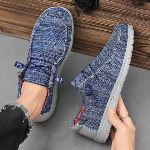 Light Blue Dude Shoes for Men Lightweight Summer Breathable Mesh Shoes Fashion Stylish Non-leather C