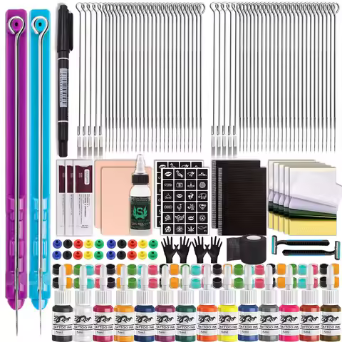 3D Hand Poke and Stick Tattoo Kit Tattoo Needle Tattoo Ink Cup Pigment Glover Bandage Kit for DIY Bo