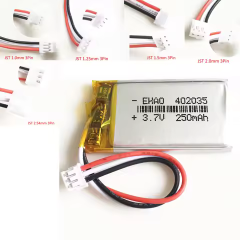 3.7V 250mAh 402035 Lithium Polymer LiPo Rechargeable Battery + JST 1.0/1.25/1.5/2.0/2.5mm 3pin for H