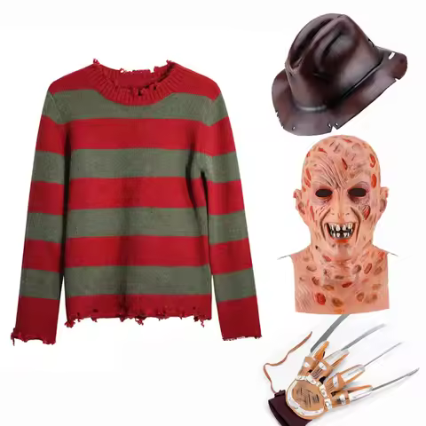 Freddy Krueger Cosplay Costume Adult Sweater Red Striped Knitting Top Coat Hat Mask Freddie Krueger 