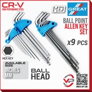 GREAT 8062004/2304 H/DUTY 9PCS BALL POINT ALLEN KEY WRENCH SET MM(1.5MM-10MM)/INCHES(1/16"-3/8")/SCR