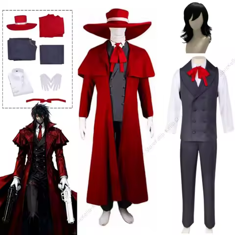 Vampire Hunter Alucard Cosplay Costume Anime Hellsing Vampire Lord Red Trench Coat Charcoal Suit Wig