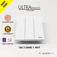 reTouch Ultra Rimless 3 Gang 1 Way Wall Switch Frameless SIRIM Approved [WHITE]