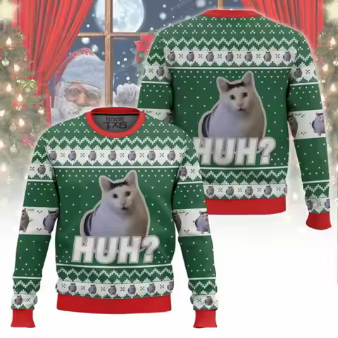 Huh Cat meme Christmas Ugly Sweater for Adults Winter Warm Gift Holiday Christmas Party Novelty Xmas