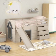 Best Value Giantex Twin Low Loft Bed With Slide, Solid Wood Twin Loft Bed With Ladder, 3 Storage Dra