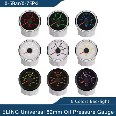 ELING Oil Pressure Gauge 52mm Waterproof 0-5Bar 0-75Psi 0-10bar 0-150Psi with 8 Colors Backlight for