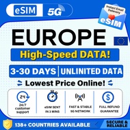 Europe eSIM | 3-30Days | High Speed | UNLIMITED HOTSPOT GB | European Travel Prepaid eSIM Card | Eur