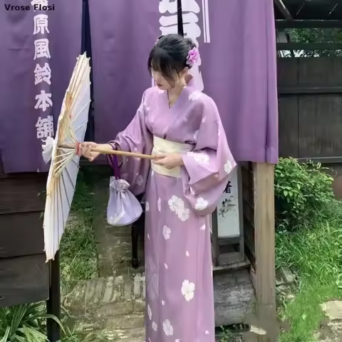 New Japanese Kimono Woman With White Obi Vintage Style Flower Printed Performing Yukata Dress Photog
