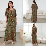 Bohemian green women long dress robe Kaftan Moo Moo Dress tassel V-neck ribbon embroidered collar ed