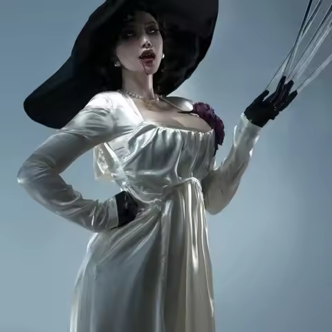 Evil Village Lady Dimitrescu Cosplay Costume Vampire Lady White Satin Dress with Hat Alcina Dimitres