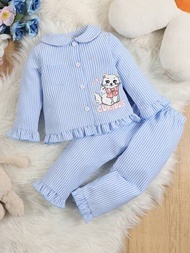 嬰兒女寶寶簡約貓咪印花條紋織物長袖上衣和長褲休閒兩件套居家服裝