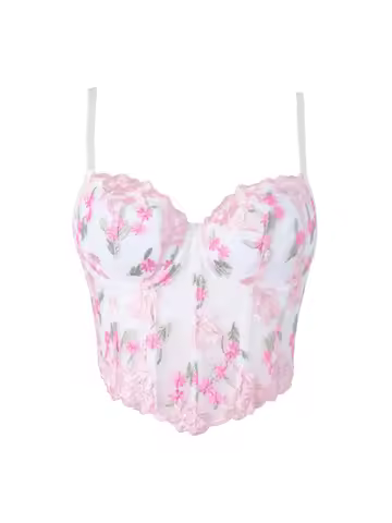 Women's White Pink Floral Embroidery Corset Spaghetti Straps Padded Cup Back Lace Up Waist Cincher B