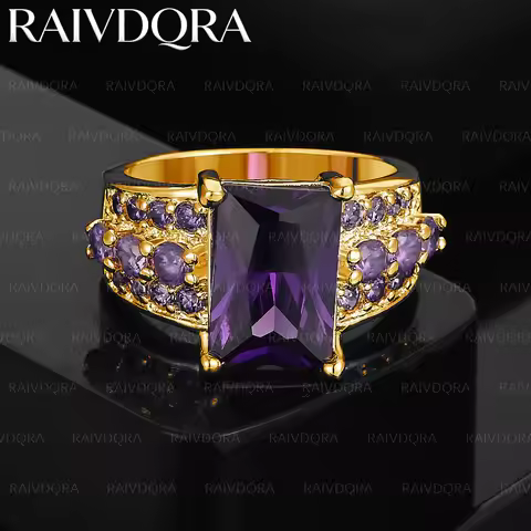 18K Gold Plated 8 Size Purple Zircon Square Ring For Women Grace Jewelry Trend Fashionable Birthday 