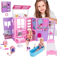 Dream Doll House for 12'' Dolls, 2-Story Foldable Dollhouse W/Loft,Pets Rooms, 25+ Pcs Dollhouse Fur
