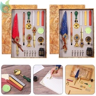 Feather Pen Set Exquisite Quill Pen and Ink Kit with Wooden Dip Pen Stamp Melting Spoon Candle Letter Opener Pen Nibs Wax Stick and Pen Holder SHOPQJC3841