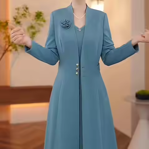 Autumn Winter Womens Suits 2 Piece Set Formal Long Blazers Jacket Long Sleeve A-Line Dress Set for W