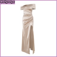 Prom Dress for Women Off Shoulder Satin Evening Party Formal Gown High Slit Cocktail Wedding Guest M