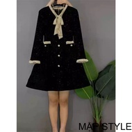FAT STYLE BLACK DRESS WITH LONG SLEEVES WITH BOW TIE, HIGH QUALITY GLITTER VELVET, YOUTHFUL