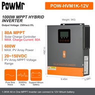 PowMr 1KW 12V1.5KW 24V Hybrid Solar Inverter Built In 80A MPPT Solar Charge Controller 50/60Hz Auto 