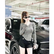 WOMEN'S T-SHIRT WITH METALLIC STONE - Simple round neck long sleeves - high fashion - bigsize 40 -90