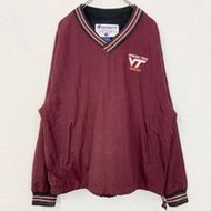 古著 Champion 長袖學院風尼龍套頭衫，帶有酒RED。