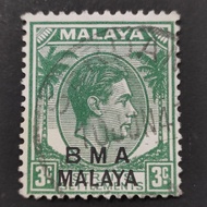1945 Stamp Straits Settlements-Unique Used Stamp-3c King George VI-Overprinted with "BMA MALAYA"
