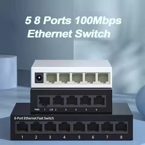 5/8 Port Fast Ethernet Switch 10/100Mbps – Mini Desktop Network Switch Hub with EU Plug Power Adapte