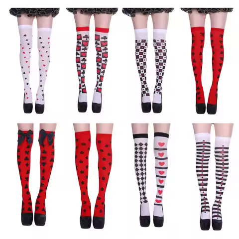 Halloween Party Stockings Clown Socks Poker Flower Diamond Square Polka Dot Print Over Knee Stocking
